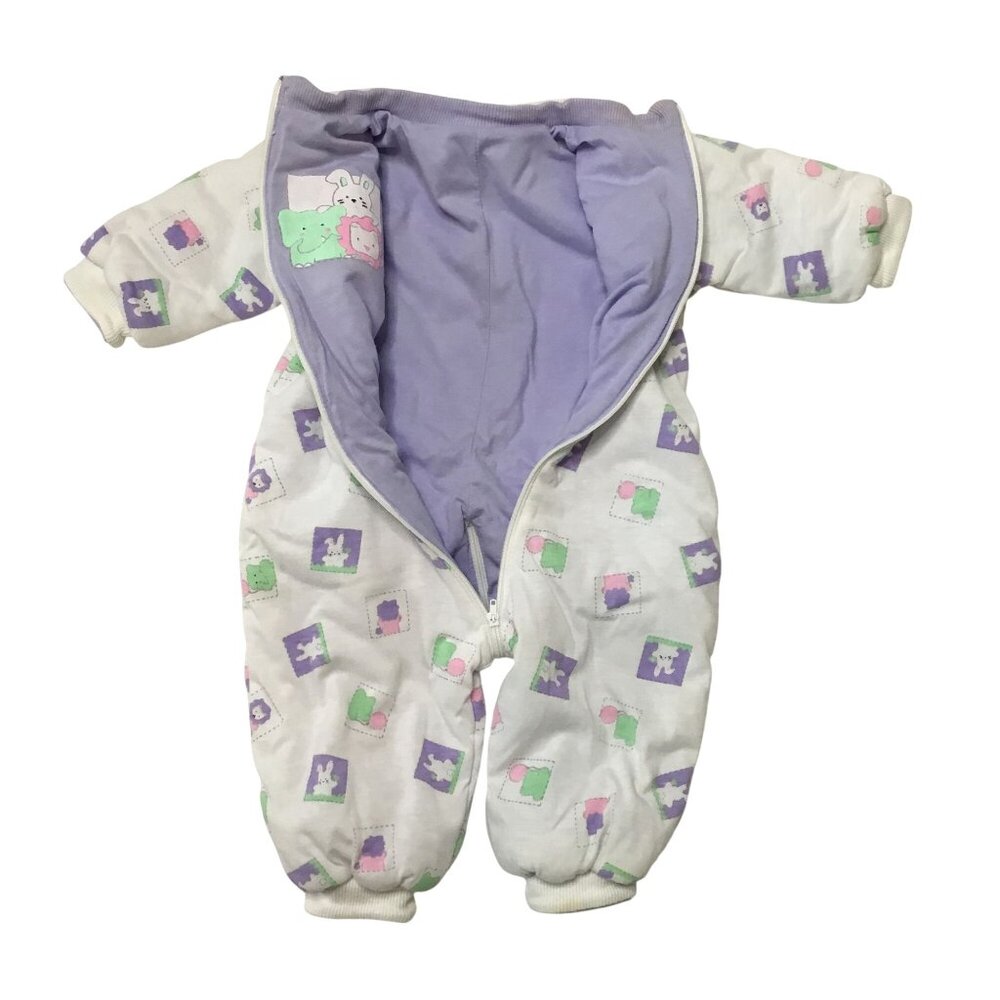 VTG 1980s Animal Patchwork Bunting Suit Baby Zip Padded Lavender Lined 6–9M VBC